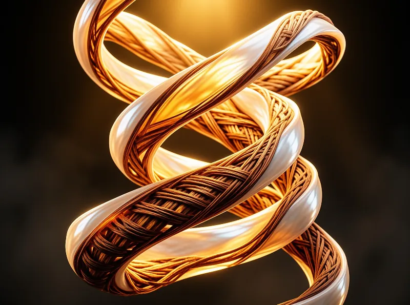 A twisted rope sculpture glows with golden light against a dark background.