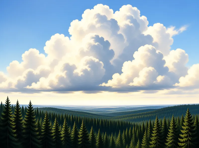 A huge white cloud formation dominates the bright blue sky above a sprawling green forest stretching to the horizon.