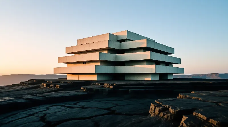 A terraced modernist building of pale blocks stands on cracked rock while low sunset light warms its left faces