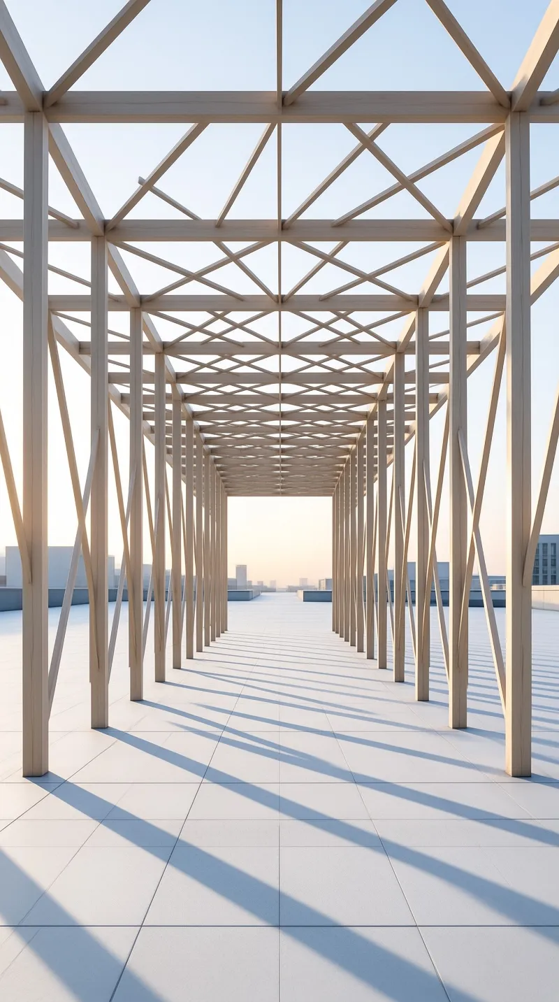 A wooden corridor with a geometric grid roof casts long diagonal lines on a white tiled floor in bright daylight.