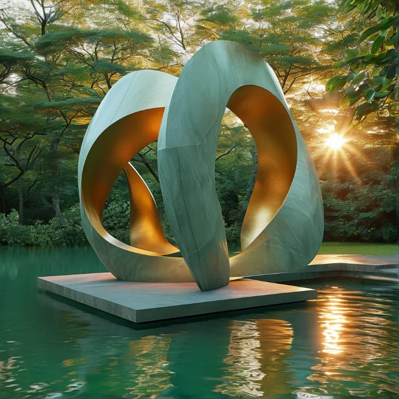 A large interlocking metal sculpture rests on a stone platform in a pond with golden sunlight shining through the trees.