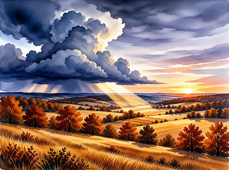 A watercolor landscape painting depicting rolling golden fields and autumn trees beneath a dramatic dark storm cloud with sunbeams radiating across the hills toward a setting sun