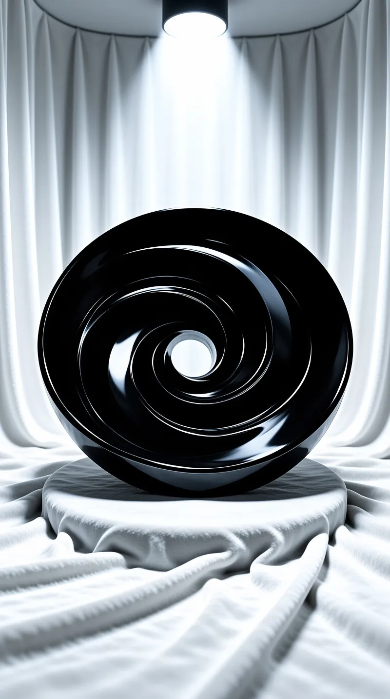 A lacquered black spiral dish spins light into glossy rings atop a cloth covered plinth in a curtained studio.