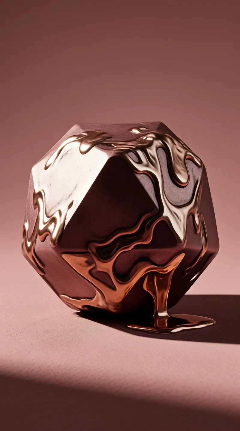 A matte polyhedron sits on a dusty rose surface while thick glossy gold metal flows down its facets and pools at the base.