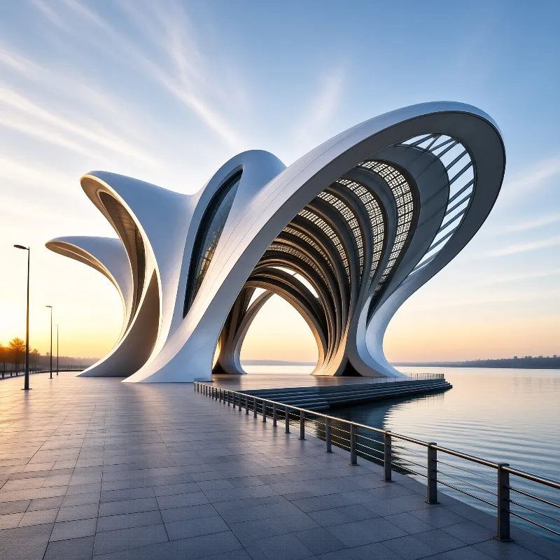A futuristic white structure with sweeping curves stands beside a calm body of water as the sun sets on the horizon.
