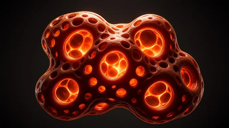 A porous red organic form emitting intense orange light from within its hollow cavities against darkness.