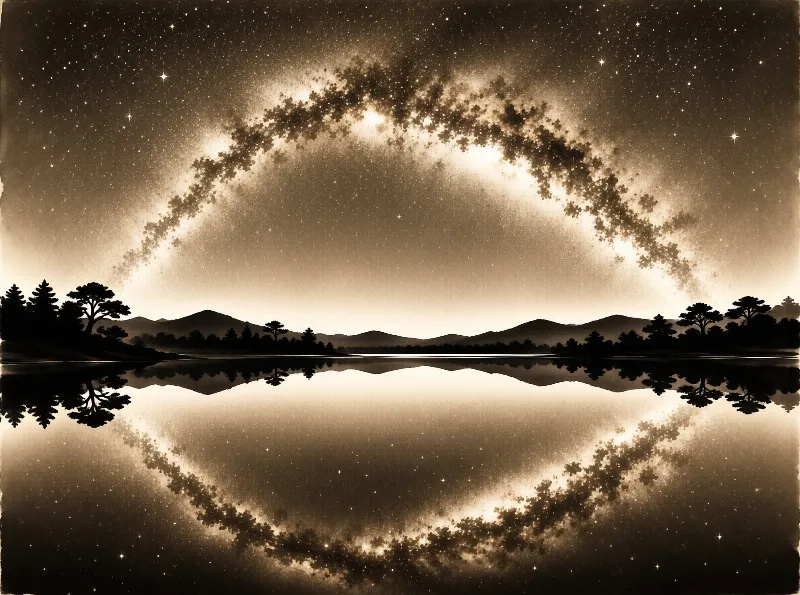 Sepia toned stars and galactic arc reflect perfectly in calm water beneath silhouetted forest trees and distant mountains.