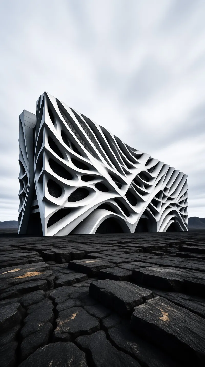A white building with undulating ribbed walls stands on dark cracked stones beneath a cloudy gray sky.