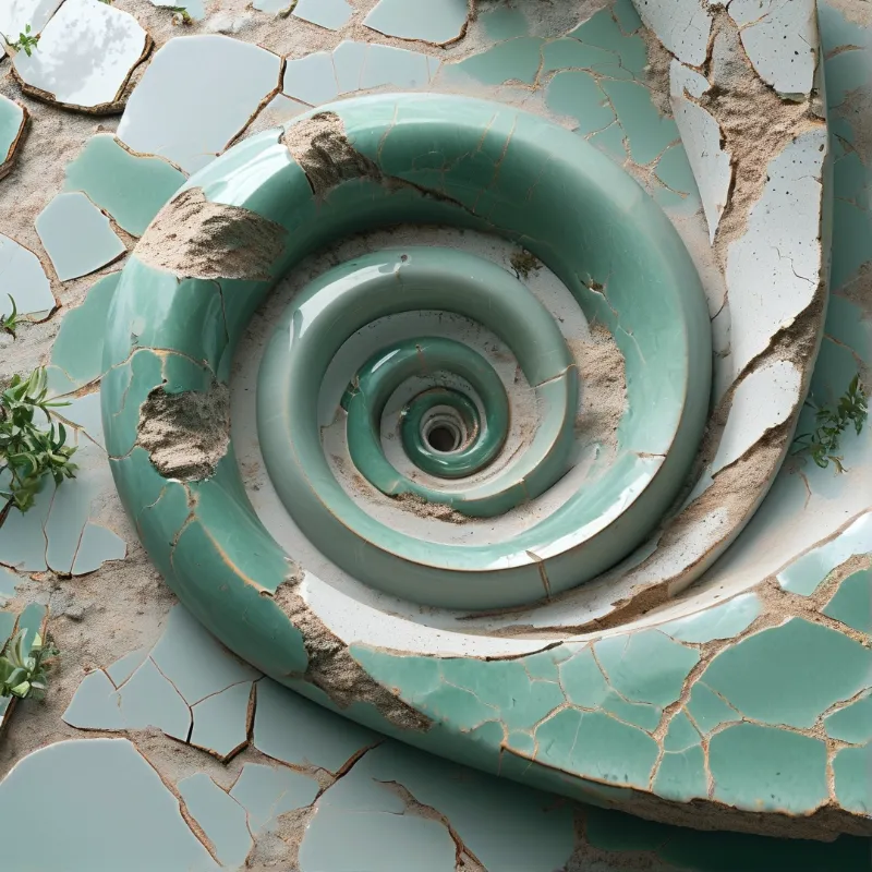 A glazed green spiral sinks into fractured tiles, its seams crusted with sand and sprouting weeds.