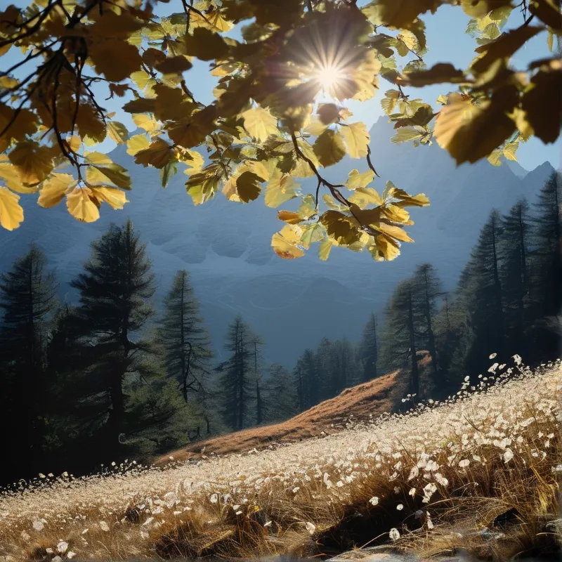 Bright sunshine filters through yellow foliage in the foreground overlooking a dark pine forest and distant blue mountain ranges.