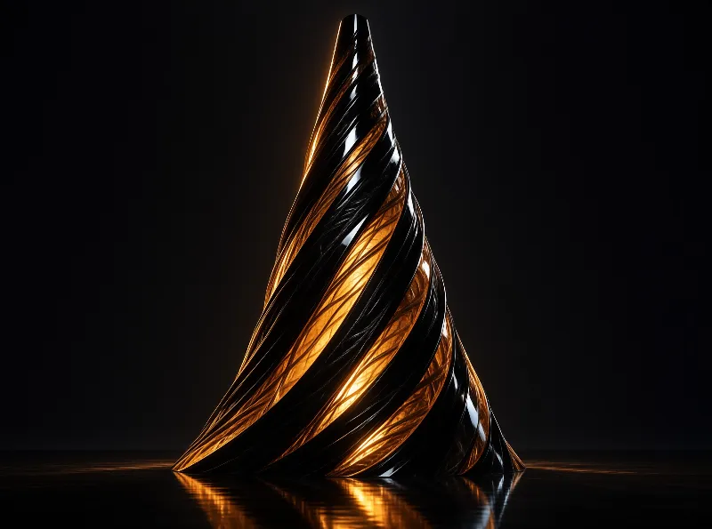 A twisted cone of glassy black and glowing amber bands stands on a dark reflective surface against a pitch black background.