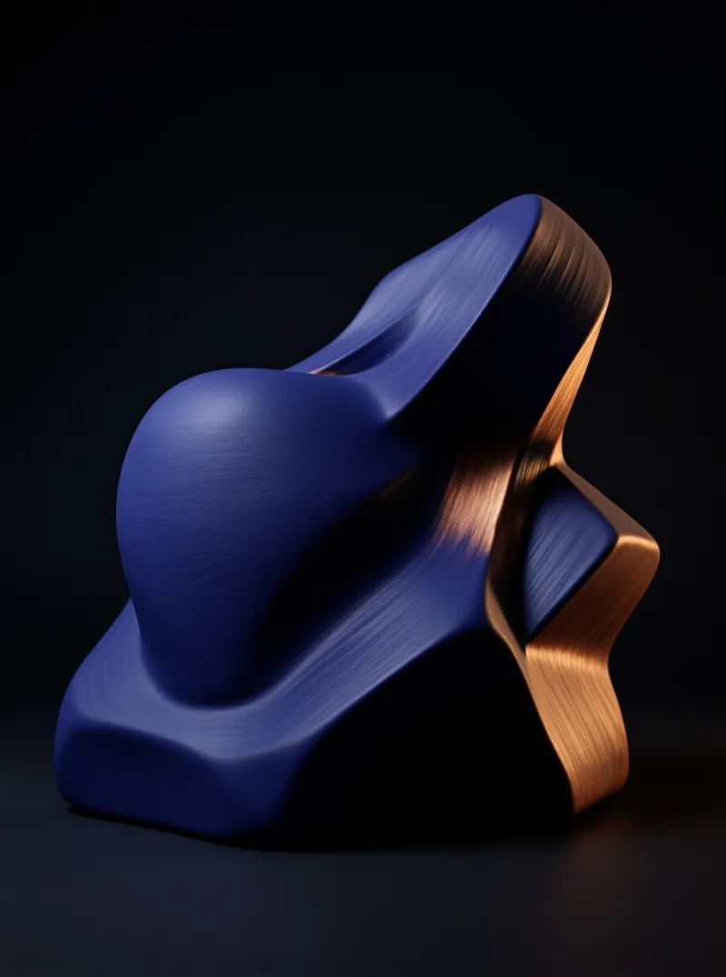 A twisted sculptural object featuring deep blue and copper metallic surfaces rests against a solid black background, highlighting smooth curves and dramatic lighting.