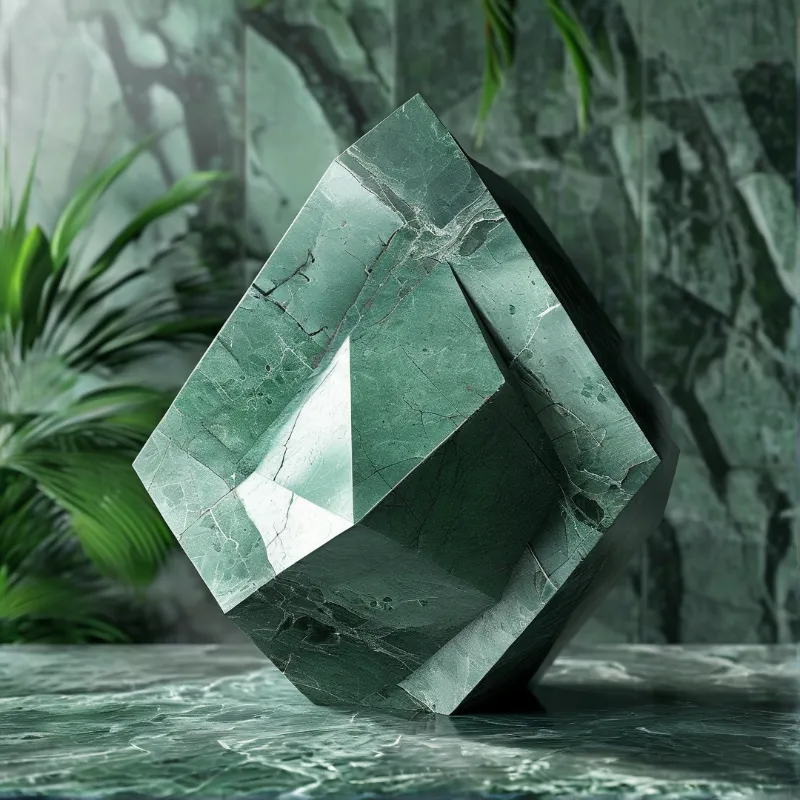 Polished green geometric stone sits on a marble table with white veins and blurred foliage in the background.