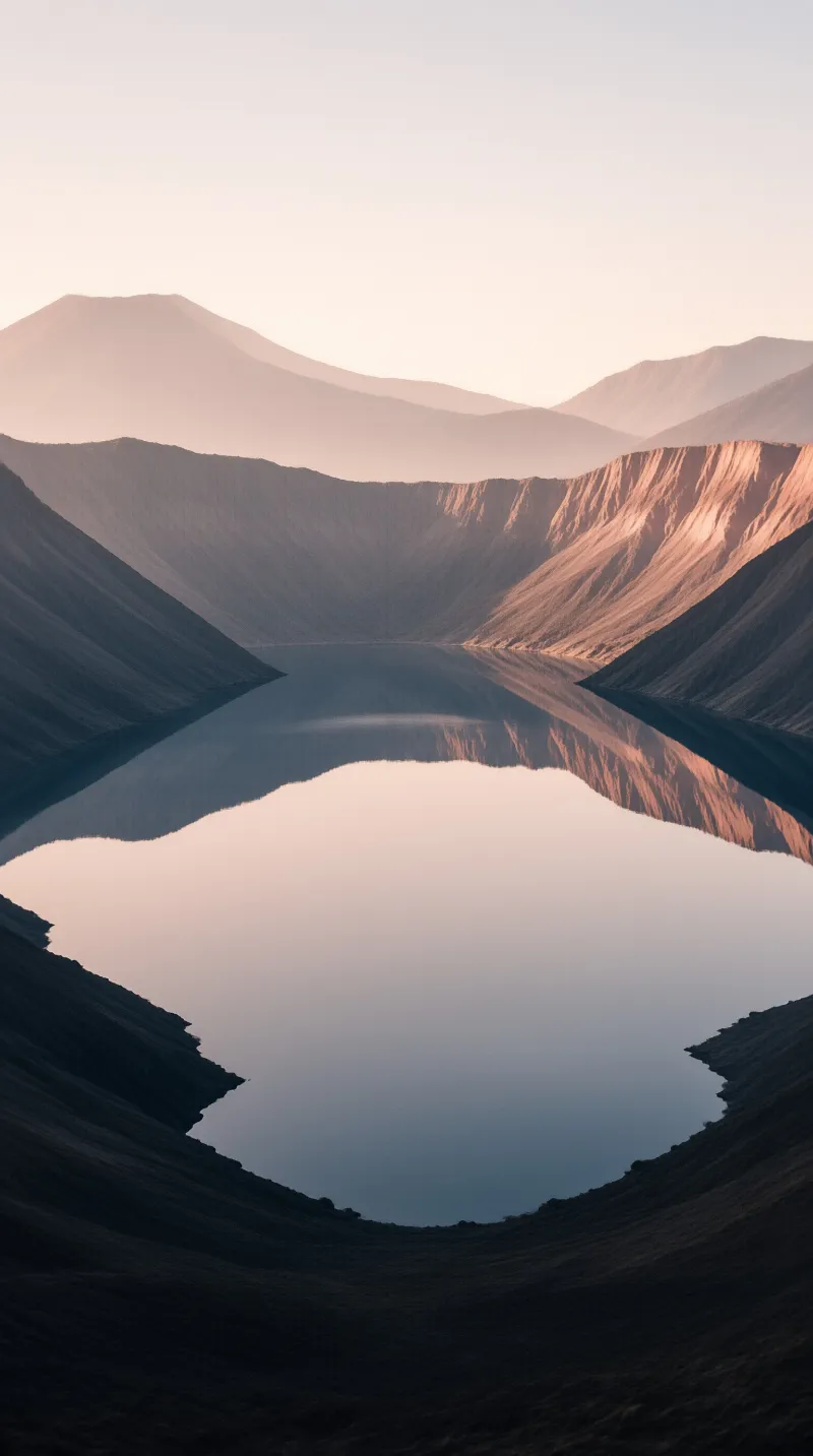 A calm lake sits inside a deep volcanic crater while warm sunlight illuminates the steep slopes on the right side.