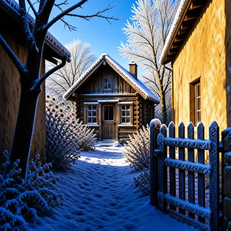 A small wooden house sits at the end of a snowy path between two buildings under a clear blue sky.