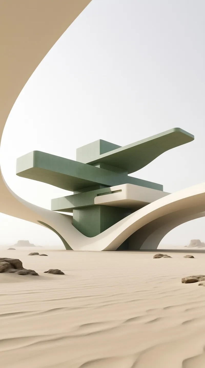 Surreal architecture with green cantilevers and beige curves stands in a vast desert landscape with sand ripples and rocks.