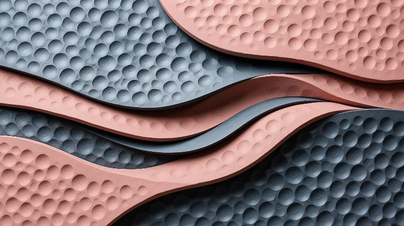 Layered undulating surfaces covered in small raised dots, displaying alternating bands of grey-blue and warm pink tones.