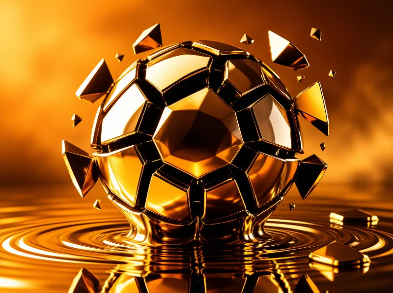 A shiny metallic football shatters into geometric shards while floating above a rippling amber surface.