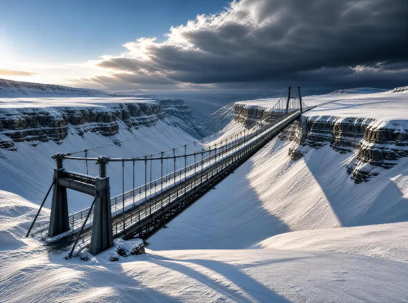 A long suspension bridge spans a deep, snow-covered canyon beneath a sky with dark clouds and bright sunbeams highlighting the snowy slopes