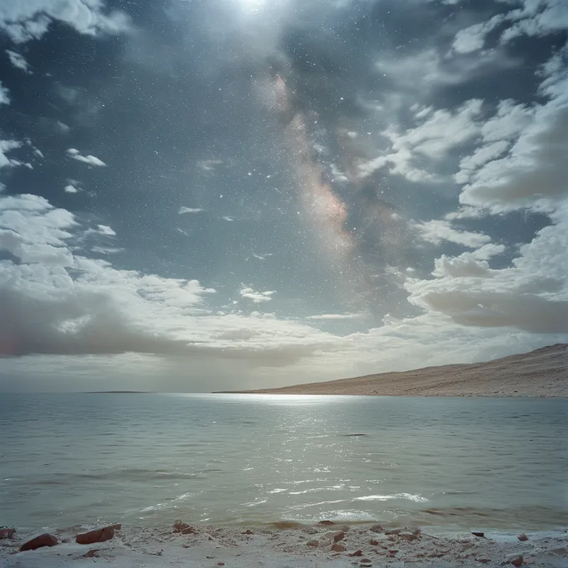 The Milky Way arches above a still sea and low hillside under drifting clouds.
