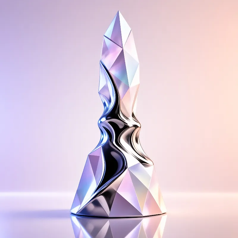 Twisted metallic sculpture with crystalline facets displays iridescent blue and purple reflections in a soft pastel gradient