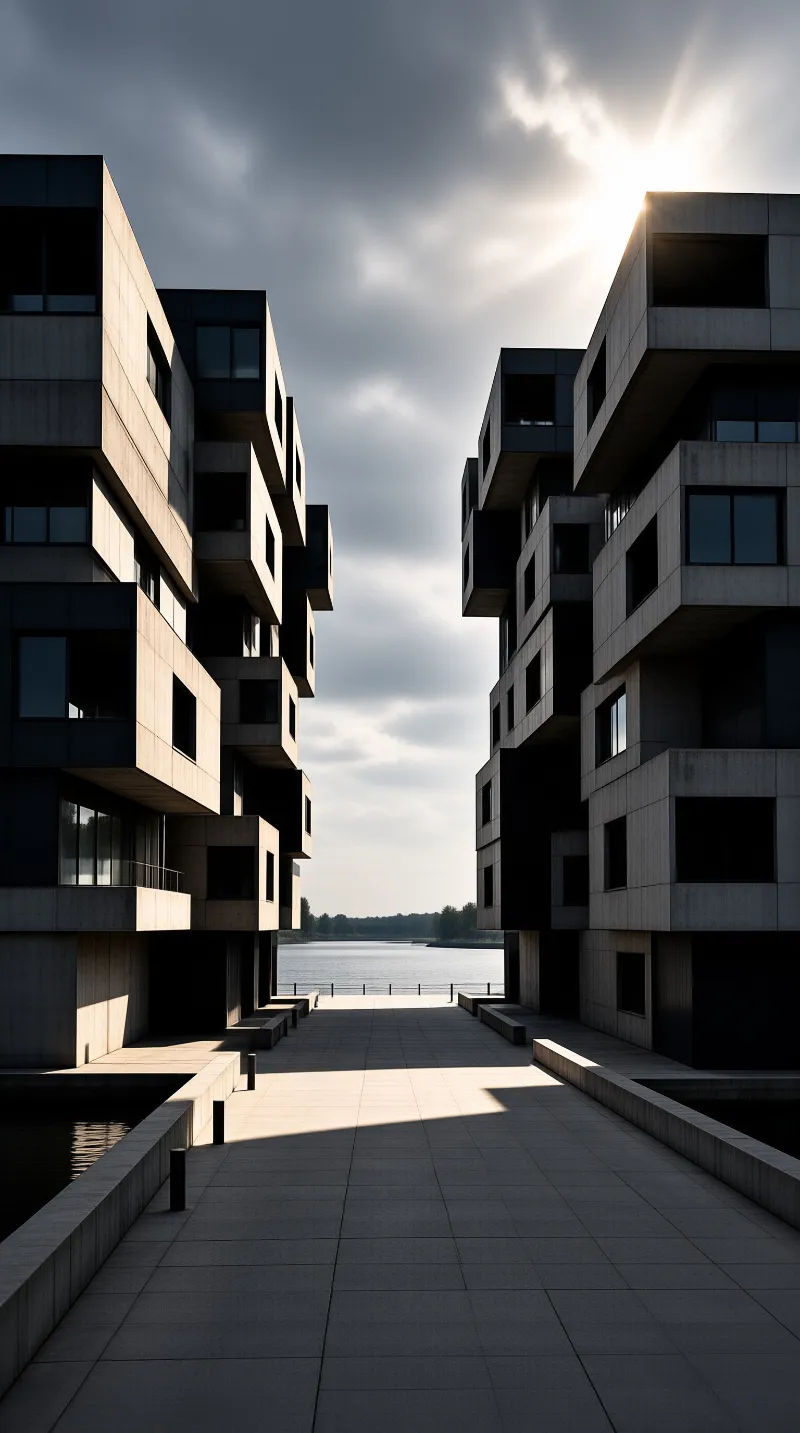 Two modern blocky residential buildings stand opposite each other along a wide paved path leading toward a distant river under a dramatic sky.