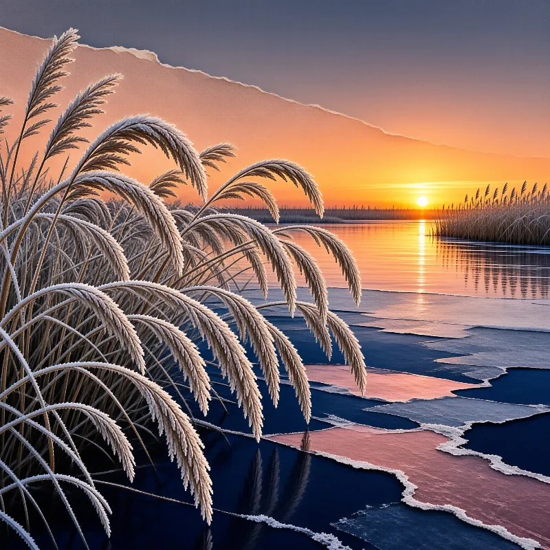 Tall frosty grass stands in the foreground while the sun sets over a lake covered in broken ice floes.