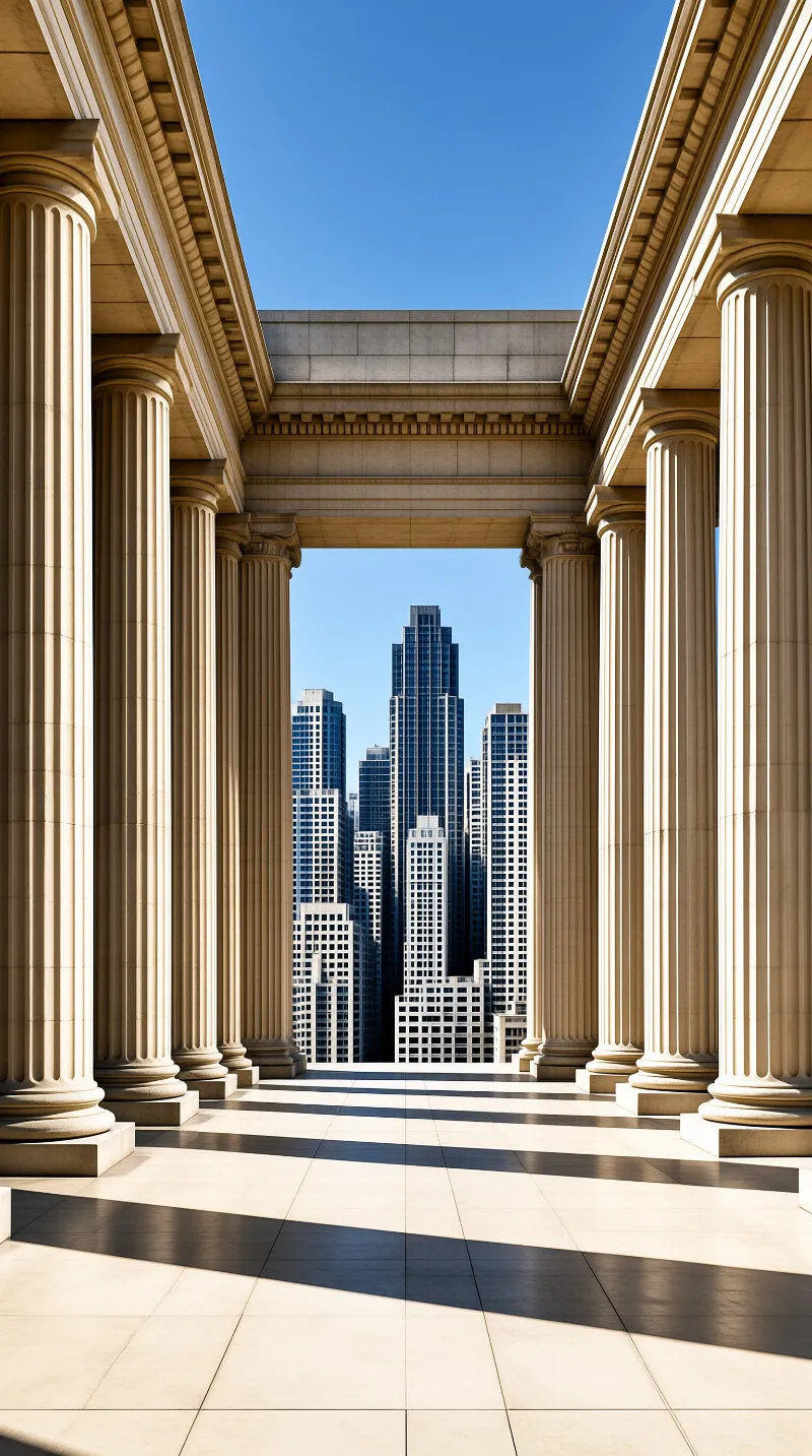 A view through a large stone colonnade looking out at a cluster of modern glass skyscrapers against a clear blue sky with strong shadows on the floor.
