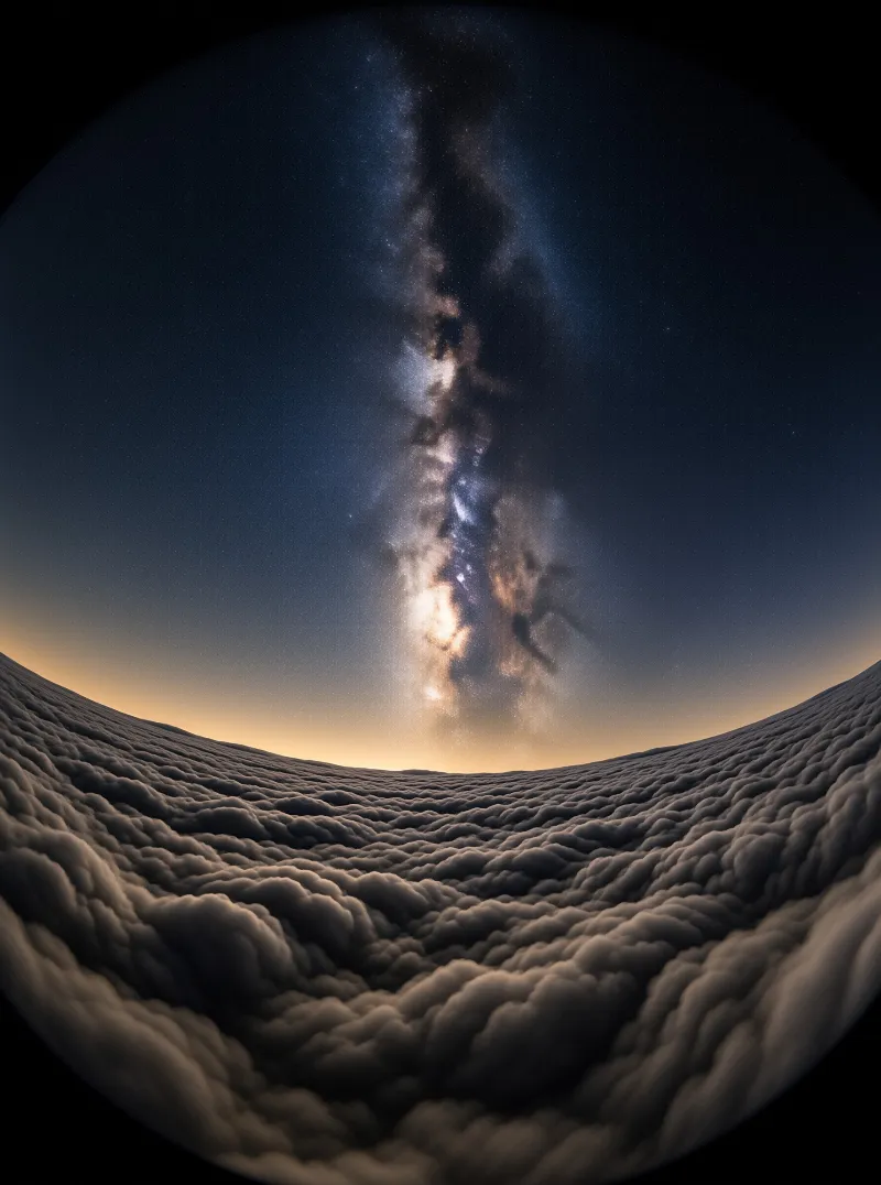 Milky Way rises above rippled cloud layers in a circular view with warm horizon glow below the starry dark sky.