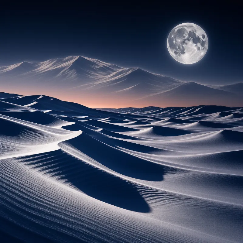 Extensive sand dunes with intricate ridges lie before a mountain range under a large bright moon in a dark blue sky.