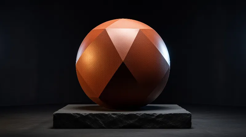 A geometric copper sphere rests on a dark stone slab against a black background with a bright highlight on the top facet.