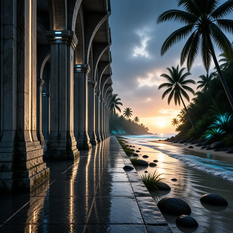 Stone pillars line a wet walkway beside a tropical beach at sunset with palm trees and glowing blue accents