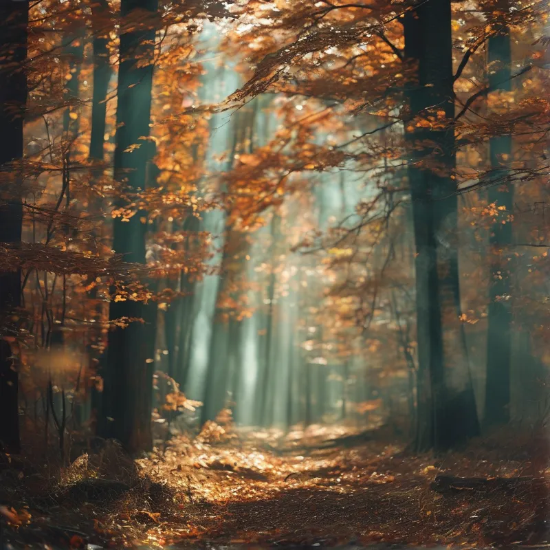Woodland trail winds through tall trees covered in orange autumn foliage while light cuts through mist.