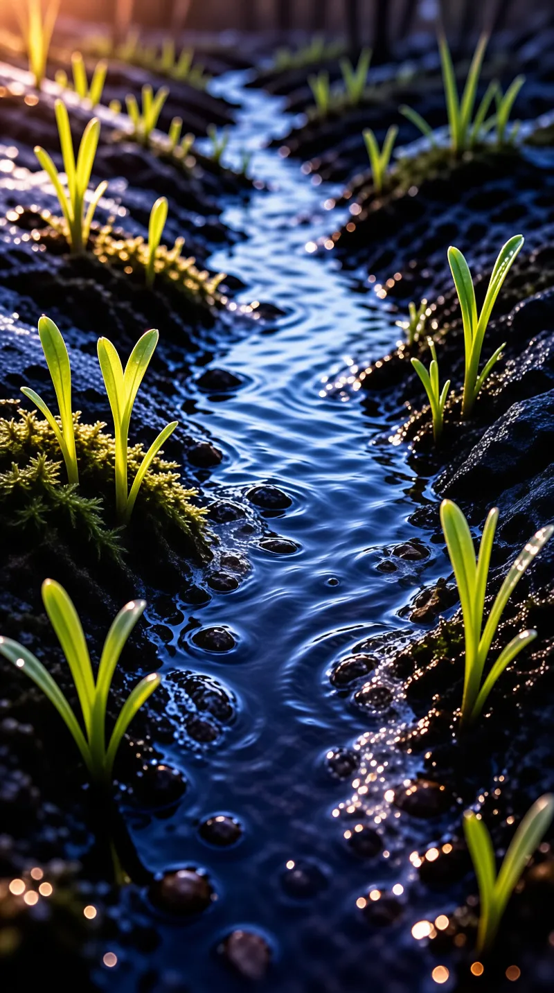A narrow blue water stream winds through dark wet earth where small green plants grow alongside glittering sunlit ripples.