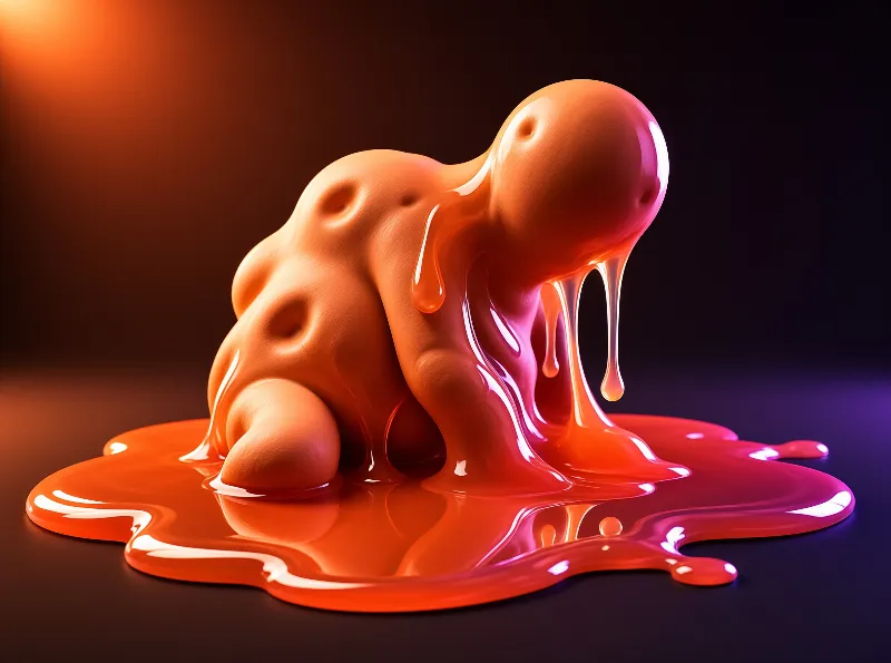 A glossy amber blob melts into a rippling pool, lit by warm orange and violet studio lights.