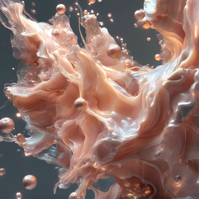 Thick ribbons of ivory and blush liquid fold through the air around glittering copper spheres against a deep slate backdrop.