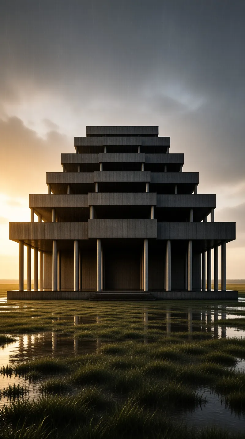 A tiered stone edifice stands upon columns in a marshy landscape under a moody sky with golden light.
