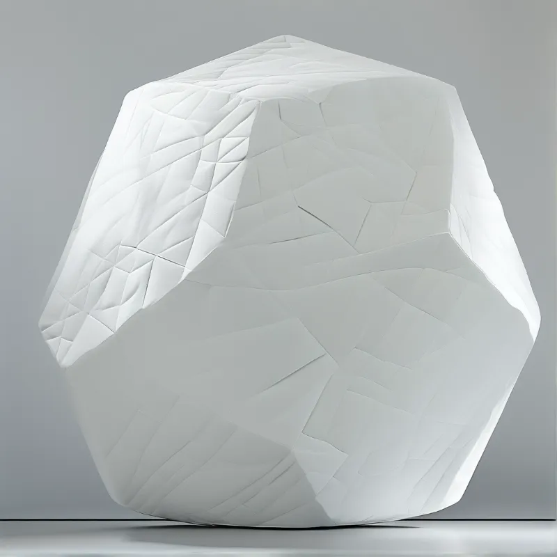 A white sculpted form with angular facets stands against a neutral grey background.