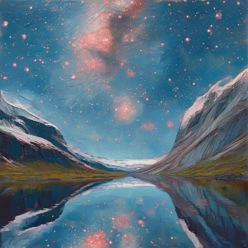 A luminous pink nebula and stars glow over still blue water flanked by dark snow streaked mountains.