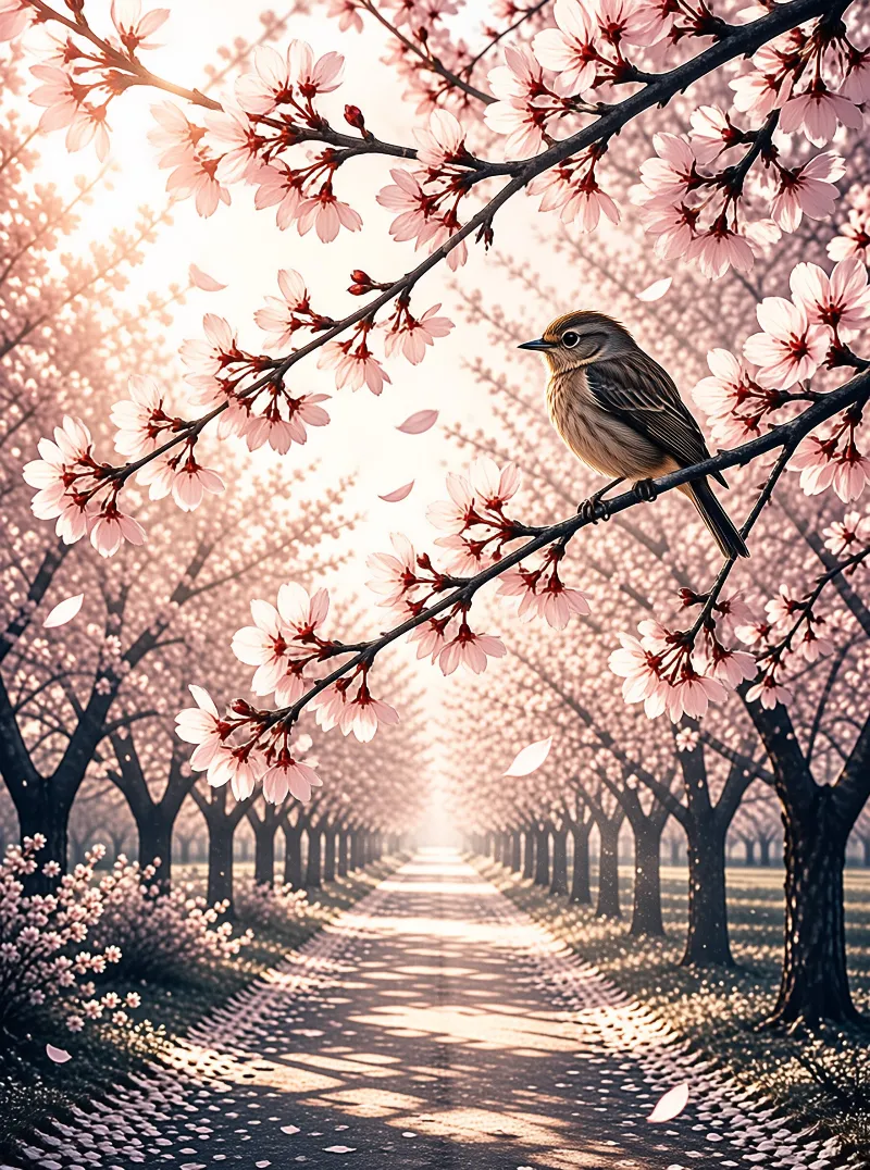 A small bird rests on a flowering branch above a lane of pink cherry trees whose petals drift in soft sun