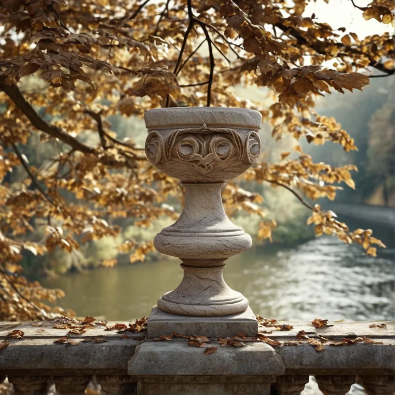 A weathered carved stone urn stands on a riverside balustrade beneath branches of glowing amber autumn leaves.