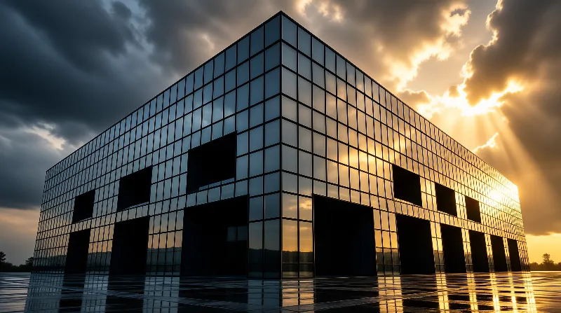 A large glass structure stands on wet pavement reflecting a cloudy sky with sunbeams breaking through on the right side.