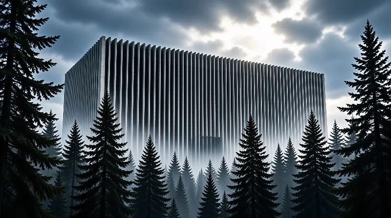 A massive grey fluted structure emerges from fog behind dark evergreen trees under a bright cloudy sky.