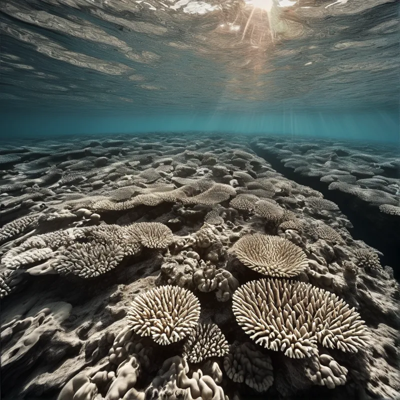 View of a sprawling coral reef where distinct brain corals are illuminated by sunlight piercing through the blue water.