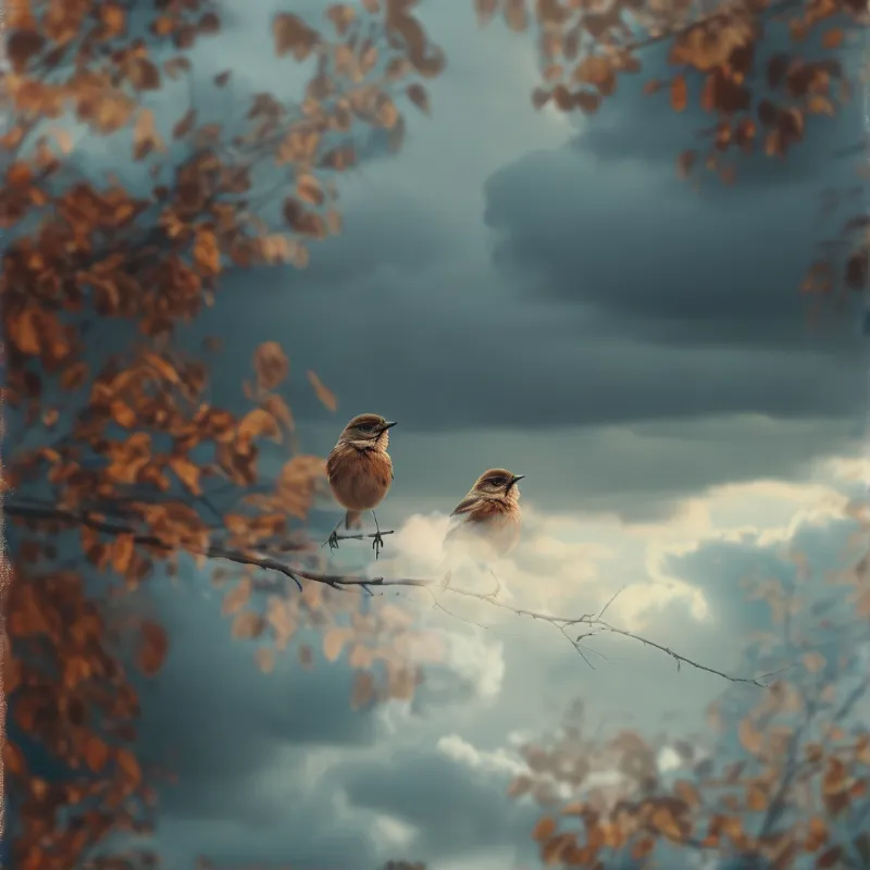 Two small brown birds perch on a thin bare branch with orange autumn leaves against a cloudy blue and grey sky.