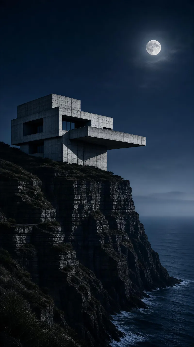 Night Cliff House Under Moon