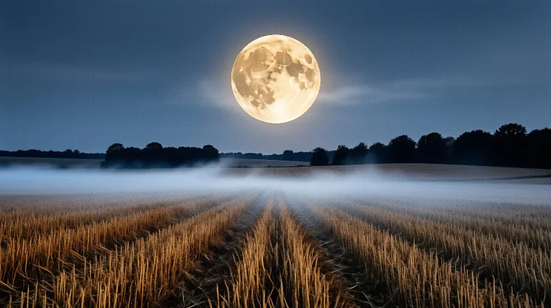A gigantic full moon glows above a field of dry stubble obscured by low lying white mist under a dark blue twilight sky.