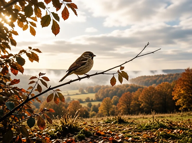 Sparrow perches on branch amid misty hills and autumn foliage under golden light