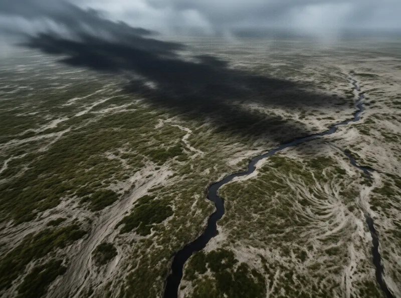 An aerial view of a dark winding river flowing through a green marshy landscape under a large cloud shadow and overcast sky.