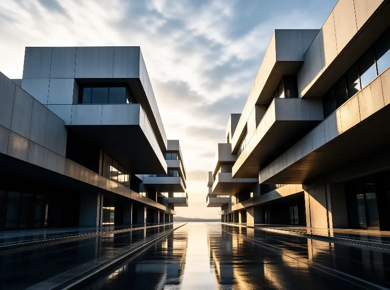 Two large geometric concrete structures stand on either side of a wet pavement reflecting the sky and warm sunlight.
